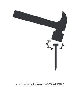 Isolated pictogram icon of hammer and nail, representing woodworking, construction jobs, carpentry work, and ongoing home improvement or renovation activity