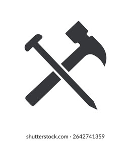Isolated pictogram icon of hammer and nail, representing woodworking, construction jobs, carpentry work, and ongoing home improvement or renovation activity