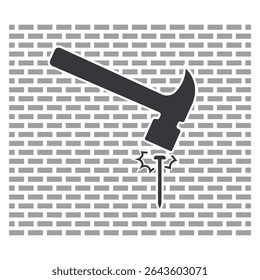 Isolated pictogram icon of hammer and nail, representing woodworking, construction jobs, carpentry work, and ongoing home improvement or renovation activity