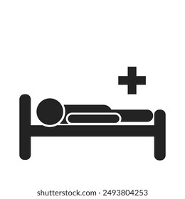 Isolated pictogram icon of health center, hospital, clinil with medic sign and bed resting stick figure