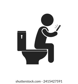 Icono de pictograma aislado del hombre usa el teléfono celular para medios de comunicación social blanco poo en WC, para señal de baño o baño