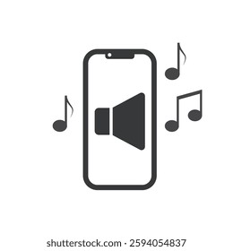 Isolated pictogram icon of a mobile phone playing music, with musical notes symbolizing the sound or tune
