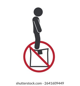 Isolated pictogram icon of person standing on cardboard box, warning not to step on fragile packages to avoid damage and accident