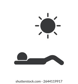 Isolated pictogram icon of a person sunbathing under sunlight, symbolizing beach holiday, summer relaxation, and skin tanning