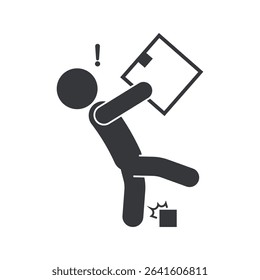 Isolated pictogram icon showing person carrying box, warning to watch your step and avoid tripping in package storage area