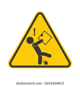 Isolated pictogram icon showing person carrying box, warning to watch your step and avoid tripping in package storage area