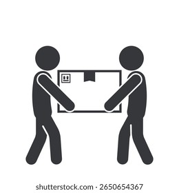 Isolated pictogram icon showing two people lifting a cardboard box together, symbolizing heavy package warning, fragile content, and careful handling.