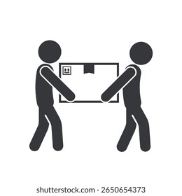 Isolated pictogram icon showing two people lifting a cardboard box together, symbolizing heavy package warning, fragile content, and careful handling.