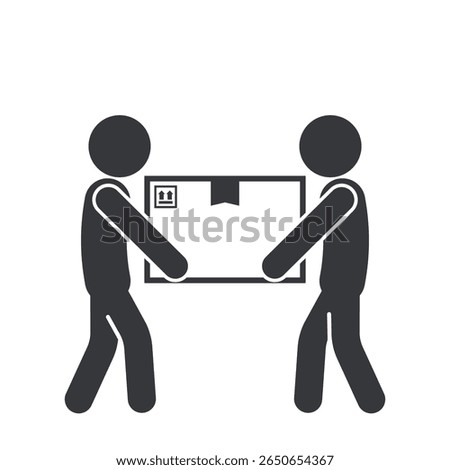 Isolated pictogram icon showing two people lifting a cardboard box together, symbolizing heavy package warning, fragile content, and careful handling.
