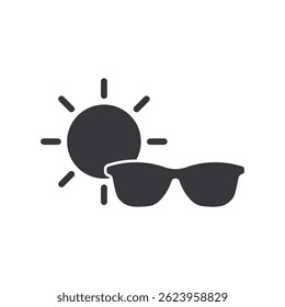 Isolated pictogram icon sun and sunglasses, symbolizing UV protection and eye safety from harmful sunlight exposure.