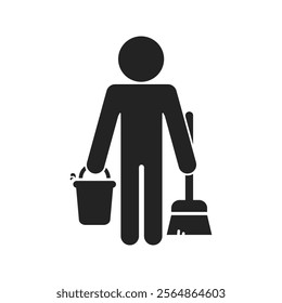 Isolated pictogram: janitor holding mop and water bucket, symbolizing cleaning in progress, slippery floor, caution for safety