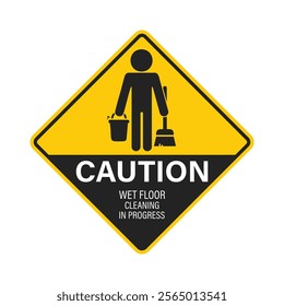 Isolated pictogram label sign, janitor holding mop and water bucket, symbolizing cleaning in progress, slippery floor, caution for safety