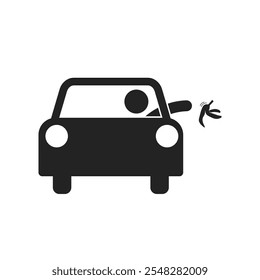 Isolated pictogram litter trash on vehicle, with illustration man throw banana peel from car window