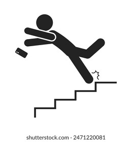 Isolated pictogram of man fall on stair with phone, for safety sign do not use mobile phone on stairs