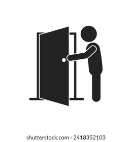 Isolated pictogram man open door with door handle, template design for safety do not enter, exit, way out, direction, indoor sign, open close door