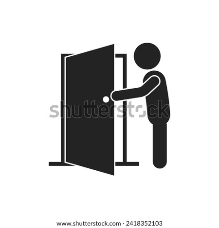Isolated pictogram man open door with door handle, template design for safety do not enter, exit, way out, direction, indoor sign, open close door