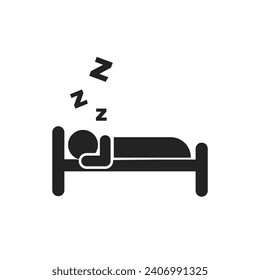 Isolated pictogram man sleep on a bed, symbol icon for hotel, hostel, motter, do not disturb with ZZZ sleep sign