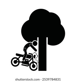 Isolated pictogram motor crash on tree, vehicle street accident sign, bike collision icon