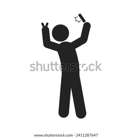 Isolated pictogram on man taking self portrait, selfie stick figure take picture with camera flash