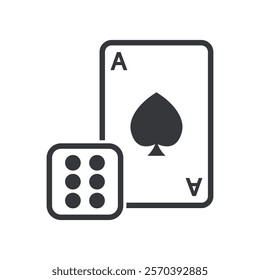 An isolated pictogram for online gambling: card game and dice illustrations. Minimalistic, capturing the essence of gambling activities.