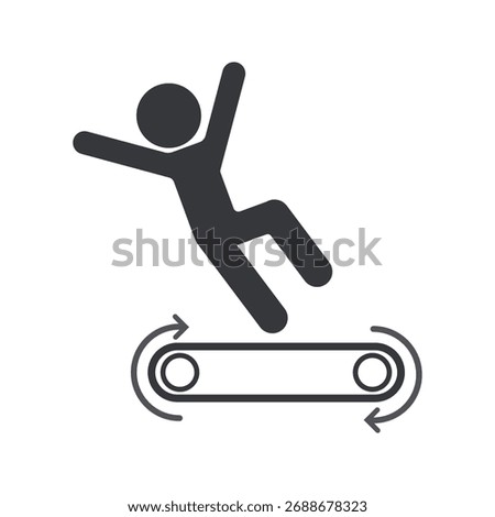 Isolated pictogram person falling from moving conveyor belt, used as industrial safety sign warning not to stand or sit.