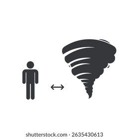 Isolated pictogram of person keeping safe distance from tornado or twister, warning of high-speed wind danger