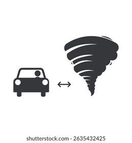Isolated pictogram of person keeping safe distance from tornado or twister, warning of high-speed wind danger