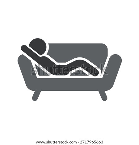 Isolated pictogram of person lying on sofa, symbolizing relaxation, laziness, unhealthy lifestyle, sedentary habit, comfort zone, and passive leisure activity.