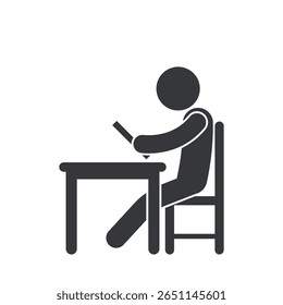 Isolated pictogram of a person sitting at a desk reading a book, symbolizing education, studying, knowledge, and academic learning environment.