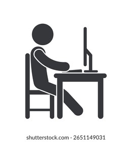 Isolated pictogram of a person sitting at a desk using a computer, symbolizing digital work, online learning, office activity, or computer usage.