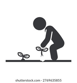 Isolated pictogram of person squatting while planting plant in garden representing agriculture activity, farming practice, cultivation, and environmental sustainability concept