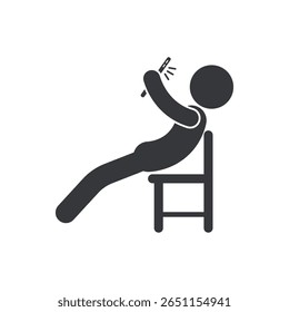 Pictograma isolado de uma pessoa relaxada descansando em uma cadeira enquanto usa um smartphone, simbolizando preguiça, atitude casual e comportamento de vício por telefone.