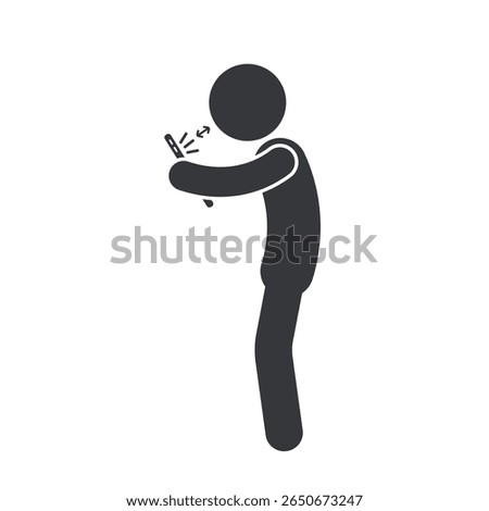 Isolated pictogram reminding to keep distance when using a cellphone, symbolizing eye health, myopia awareness, and cellphone radiation hazards.