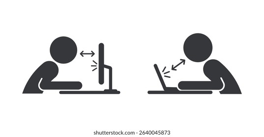 Isolated pictogram safe distance from computer screen, eye health and ergonomic safety while working on a digital device.