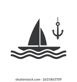 Isolated pictogram of sailboat anchored on wavy sea, representing water sport activity and maritime ocean adventure 