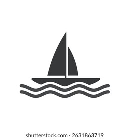 Isolated pictogram of sailboat anchored on wavy sea, representing water sport activity and maritime ocean adventure 