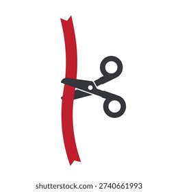 Isolated pictogram of scissors cutting red ribbon symbolizing grand opening ceremony inauguration launch event celebration