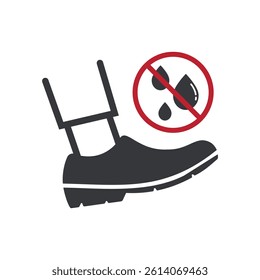Isolated pictogram shoes and a wet prohibition sign, indicating no wet shoes allowed and preventing water exposure
