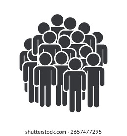 Pictograma isolado que mostra um grupo de pessoas aglomeradas, simbolizando o espaço público, a manifestação, a concentração, o lugar movimentado, o protesto e a área de atividade social.