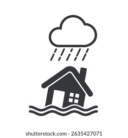 Pictograma isolado que mostra uma casa submersa em água, simbolizando um edifício inundado e uma zona inundável ou situação de emergência.