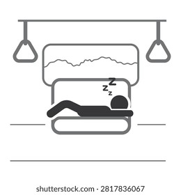 Isolated pictogram showing passenger lying across public transport seat indicating prohibited sleeping and improper seating behavior awareness