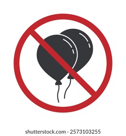 Isolated pictogram showing a prohibition on bringing balloons indoors, on a bus, or train. Flying balloon crossed out 