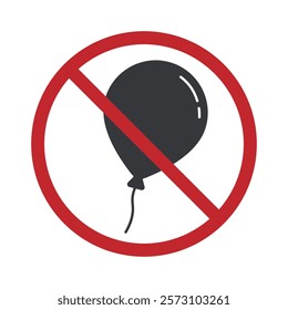 Isolated pictogram showing a prohibition on bringing balloons indoors, on a bus, or train. Flying balloon crossed out 