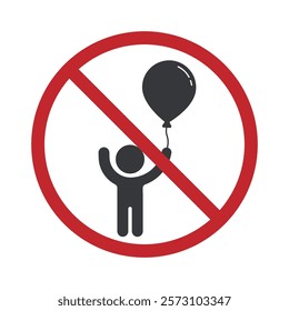 Isolated pictogram showing a prohibition on bringing balloons indoors, on a bus, or train. Flying balloon crossed out 