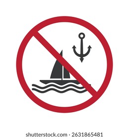 Isolated pictogram showing sailboats prohibited from anchoring; boats not allowed to park on beach or restricted sea areas