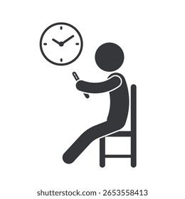Pictograma aislado que muestra el tiempo de pantalla en el teléfono móvil con el símbolo del reloj, que representa la duración del uso digital, los hábitos del teléfono y la conciencia del tiempo de la tecnología.