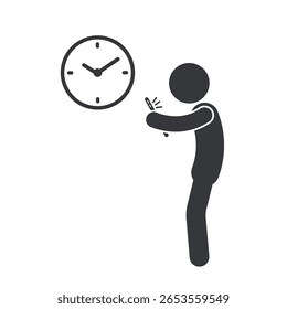 Isolated pictogram showing screen time on mobile phone with clock symbol, representing digital usage duration, phone habits, and technology time awareness.