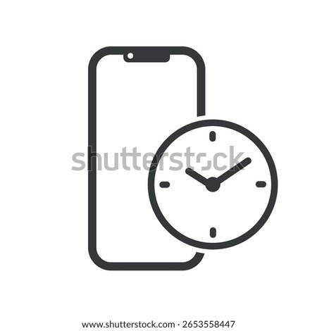 Isolated pictogram showing screen time on mobile phone with clock symbol, representing digital usage duration, phone habits, and technology time awareness.