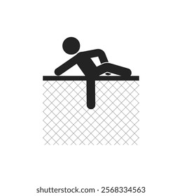 Isolated pictogram shows a stick figure climbing a mesh wire fence, graphic element crime in progress, do not climb fence