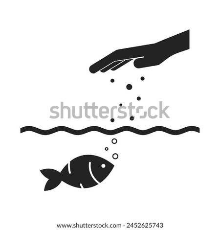 Isolated pictogram sign feed animals, with illustration hand give food to fish in round red crossed sign